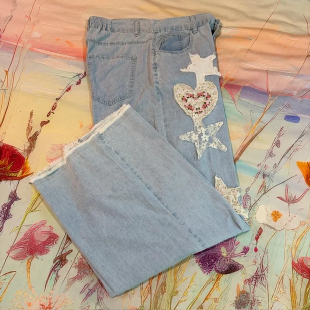 🆕Pol Star Heart Lace Patchwork Blue Denim Wide Leg Pants Size Medium - Picture 8 of 12